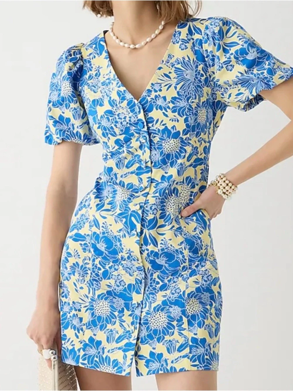 NWT J.CREW BUTTON-FRONT PUFF-SLEEVE MINI DRESS IN BLUE FLORAL